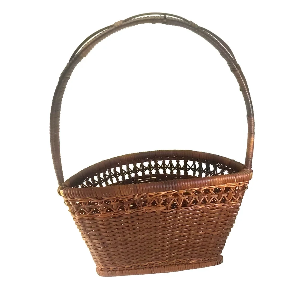 Rattan Wicker Dark Brown Vintage Basket Hanging Handle Plant Storage
